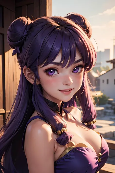 (masterpiece, best quality), 1girl, <lora:Shampoo:0.8> ShampooDef, purple eyes, purple hair, hair bun, bell, double bun, jingle bell, long hair, breasts, blush, smile, bangs, hair ornament, bow, sidelocks, shampoo (ranma 1/2)
