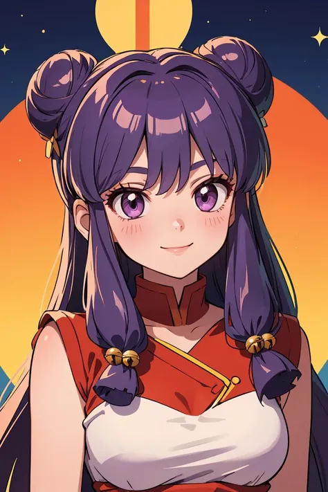 (masterpiece, best quality), 1girl, <lora:Shampoo:0.8> ShampooDef, purple eyes, purple hair, hair bun, bell, double bun, jingle bell, long hair, breasts, blush, smile, bangs, hair ornament, bow, sidelocks, shampoo (ranma 1/2)