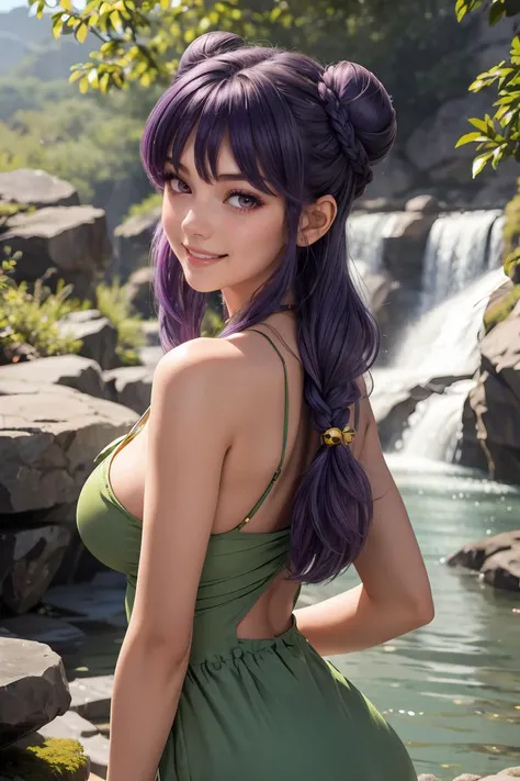 (masterpiece, best quality), 1girl,Kelly green Waterfall Braid, Size C breasts, <lora:Shampoo:0.8> ShampooDef, purple eyes, purple hair, hair bun, bell, double bun, jingle bell, long hair, breasts, blush, smile, bangs, hair ornament, bow, sidelocks, shampoo (ranma 1/2)