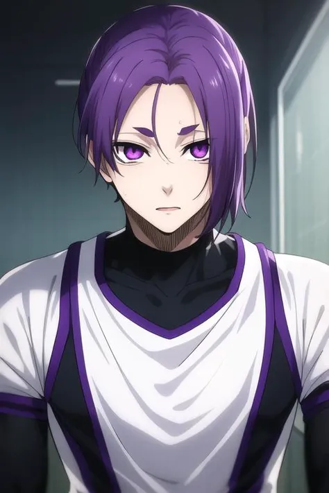 masterpiece, best quality, high quality, 1boy, solo, male focus, looking at viewer, upper body, <lora:mikage_reo:0.72>, mikage_reo, purple eyes, purple hair,