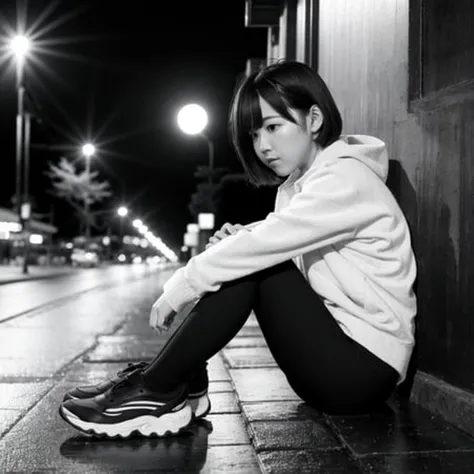 masterpiece, best quality, 1girl, anju kozuki, brown hair, bangs, brown eyes, short hair, small breasts, coat, (black leggings:1.2), white sneakers, sitting against wall, hugging own legs, looking away, from side, (street, city, night:1.2), silhouette, cropped legs, backlighting, bokeh, (monochrome:1.5), (high contrast:1.4), <lora:anju-kozuki-v1:0.7>