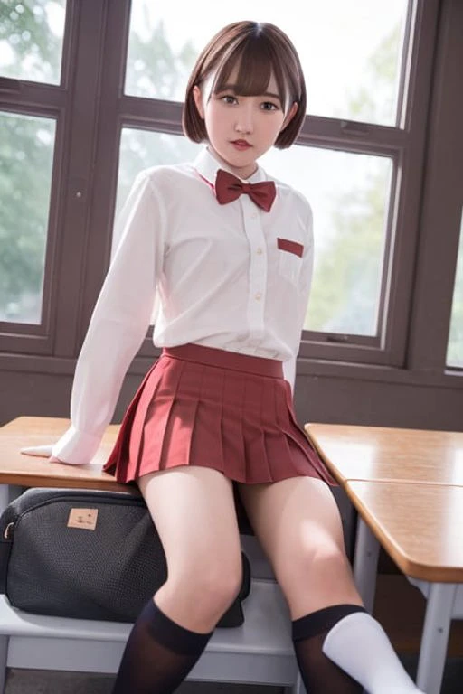 masterpiece, best quality, 1girl, anju kozuki, brown hair, bangs, brown eyes, short hair, small breasts, school uniform, red pleated skirt, socks, black legwear, red bowtie, school bag, classroom, rim lighting, dusk, window, trees, bokeh, looking to the side, portrait, \<lora:anjuKozuki_v10:0.7>