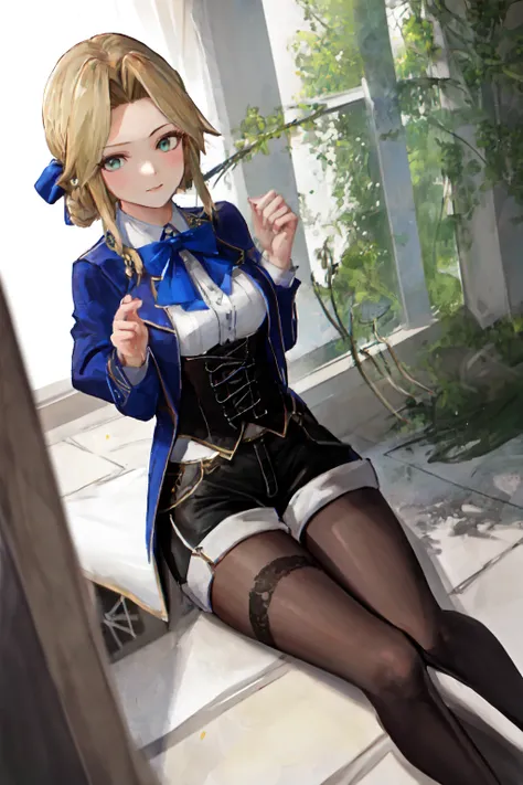 masterpiece, best quality, highres, 1girl, helena <lora:helena_portrait_full_512_nai:1> tailcoat, black corset, shorts