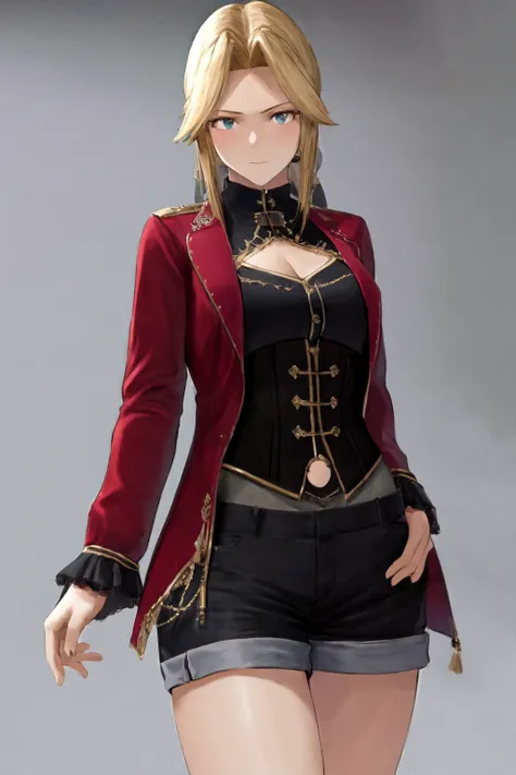 masterpiece, best quality, highres, 1girl, helena <lora:helena_portrait_full_512_nai:1> tailcoat, black corset, shorts, clothing cutout