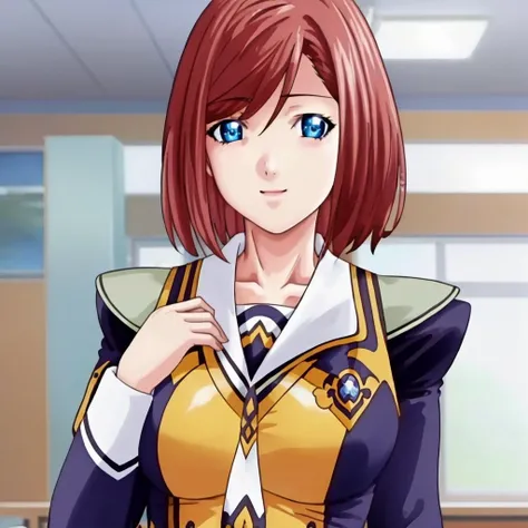 dishentaigirl, short hair, school uniform, upper body,  body, classroom, large breasts, blue eyes, smile <lora:dishentaigirl_v6:1>, masterpiece, best quality