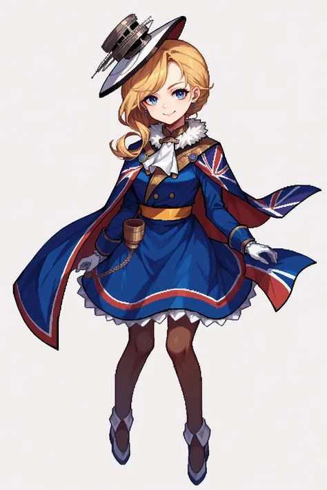 score_9, score_8_up, score_7_up, , rating_general,1girl , hair over shoulder, long hair, blue eyes, blonde hair, swept bangs, hoddef, union jack capelet, blue coat, white hat, tilted headwear, long sleeves, white gloves, yellow sash, blue skirt, frills, brown pantyhose, fur collar, white ascot, earrings, smile, , naughty face, <lora:hoodAL-ponyxl-bshi-v1:1>, pixel art, 2d, full portrait, simple background, white background, chibi