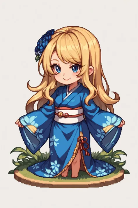 score_9, score_8_up, score_7_up, , rating_general,1girl , hair over shoulder, long hair, blue eyes, blonde hair, swept bangs, hodyuk,blue kimono, white sash, long sleeves, wide sleeves,hair flower, floral print, smile, , naughty face, <lora:GBFPixelPDCAME Style:1>, pixel art, 2d, full portrait, simple background, white background, chibi