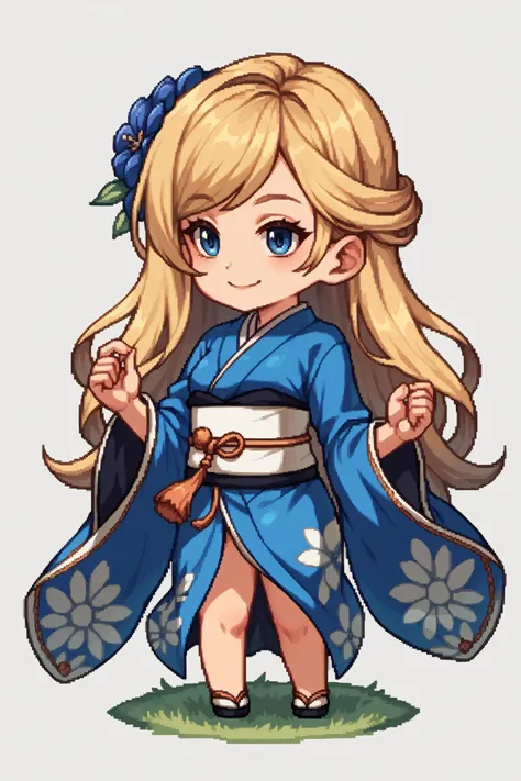 score_9, score_8_up, score_7_up, , rating_general,1girl , hair over shoulder, long hair, blue eyes, blonde hair, swept bangs, hodyuk,blue kimono, white sash, long sleeves, wide sleeves,hair flower, floral print, smile, , naughty face, <lora:GBFPixelPDCAME Style:1>, pixel art, 2d, full portrait, simple background, white background, chibi