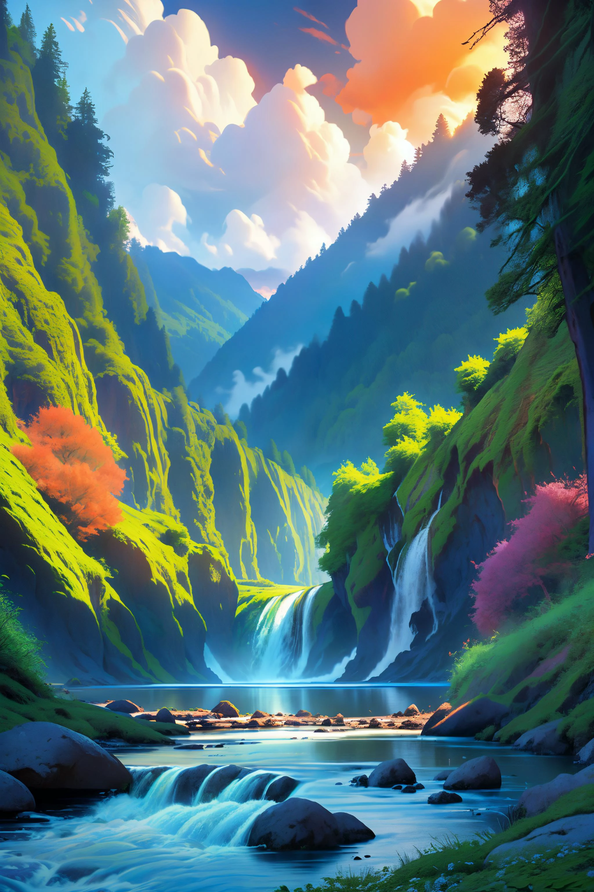 (ultra-detailed), (masterpiece), (best quality), (sharp focus), (cinematic lighting), (vibrant colors), <lora:LittleFresh15:0.8> landscape, scenery, mountainside, river, waterfall, clouds, aesthetic, sunrise, nature, overgrown, mossy, flowers