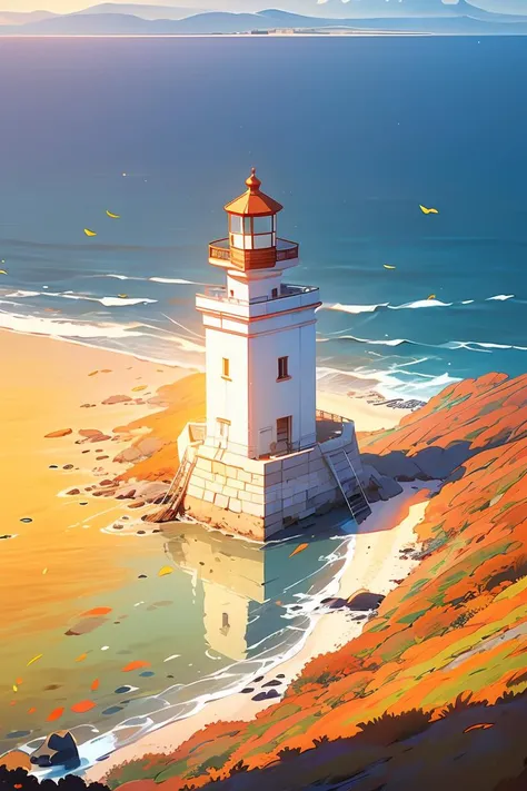 (seaside,autumn,:1.2),Wide sea,horizon,There is a small lighthouse on the small bridge,very detailed,realistic details,light particle effect,excellent work,extremely elaborate picture description,8k wallpaper,obvious light and shadow effects,ray tracing,obvious layers,depth of field,best quality,<lora:Fresh And Light Style_v1.0:0.8>,