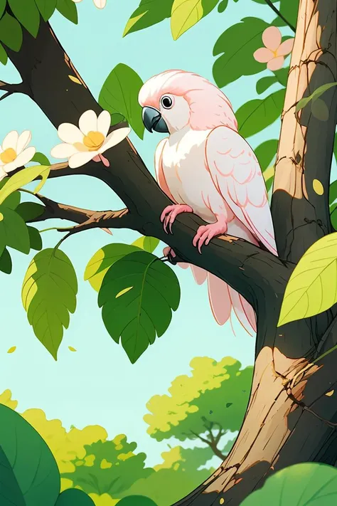 pltn style,Pink and white cest galah cockatoo bird in a tree with green leaves and flowers,animation for children book illustration,cute big circular reflective eyes,unreal engine cinematic smooth,intricate detail,
<lora:Fresh And Light Style_v1.0:0.8>,