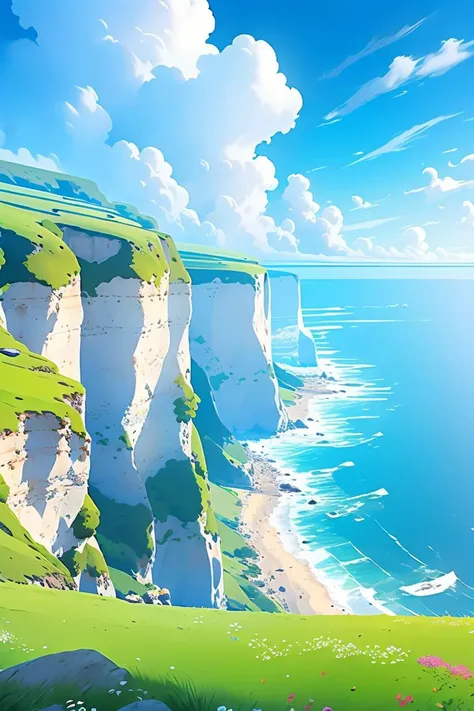 flower,outdoors,sky,day,cloud,water,blue_sky,no_humans,bird,ocean,cloudy_sky,grass,scenery,rock,horizon,cliff,<lora:Fresh And Light Style_v1.0:1>,