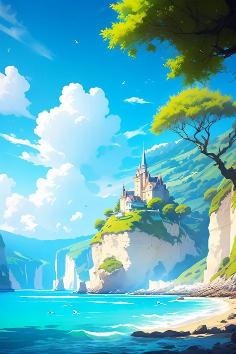 flower, outdoors, sky, day, cloud, water, tree, blue_sky, no_humans, bird, ocean, building, scenery, mountain, fantasy, horizon, river, castle, landscape, cliff, island,<lora:Fresh And Light Style_v1.0:0.8>,