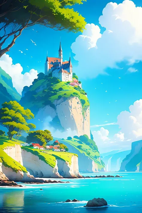 flower, outdoors, sky, day, cloud, water, tree, blue_sky, no_humans, bird, ocean, building, scenery, mountain, fantasy, horizon, river, castle, landscape, cliff, island,<lora:Fresh And Light Style_v1.0:0.8>,
