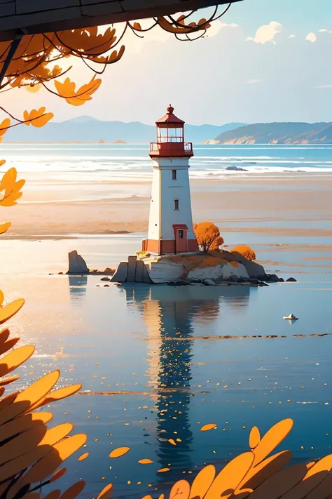 (seaside,autumn,:1.2),Wide sea,horizon,There is a small lighthouse on the small bridge,very detailed,realistic details,light particle effect,excellent work,extremely elaborate picture description,8k wallpaper,obvious light and shadow effects,ray tracing,obvious layers,depth of field,best quality,<lora:Fresh And Light Style_v1.0:0.8>,