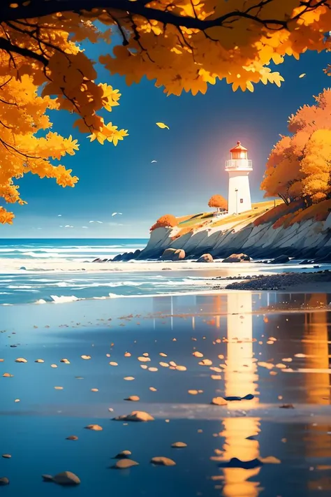 (seaside,autumn,:1.2), Wide sea,horizon,There is a small lighthouse on the small bridge,very detailed , realistic details , light particle effect, excellent work, extremely elaborate picture description,8k wallpaper, obvious light and shadow effects, ray tracing, obvious layers, depth of field, best quality,<lora:Fresh And Light Style_v1.0:0.8>,