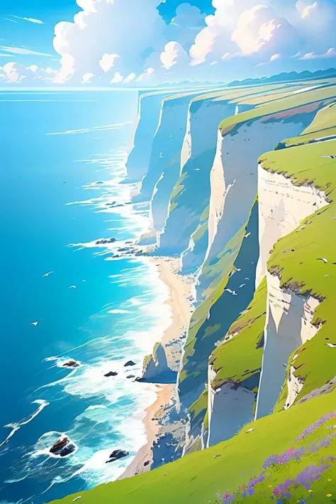 flower,outdoors,sky,day,cloud,water,blue_sky,no_humans,bird,ocean,cloudy_sky,grass,scenery,rock,horizon,cliff,<lora:Fresh And Light Style_v1.0:1>,