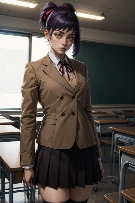 masterpiece, best quality, blsenna, purple hair, hair ribbon, blazer, pleated skirt, socks, classroom, cowboy shot, looking at viewer, worried <lora:blsenna-nvwls-v1:0.8>