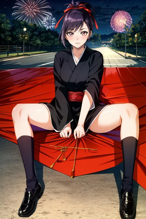 (masterpiece, best quality), intricate details,
1girl, <lora:blsenna-nvwls-v1:0.8> blSenna, purple hair, hair ribbon, socks, black kimono, sash
sweating, outdoors, night, festival, obon, fireworks,