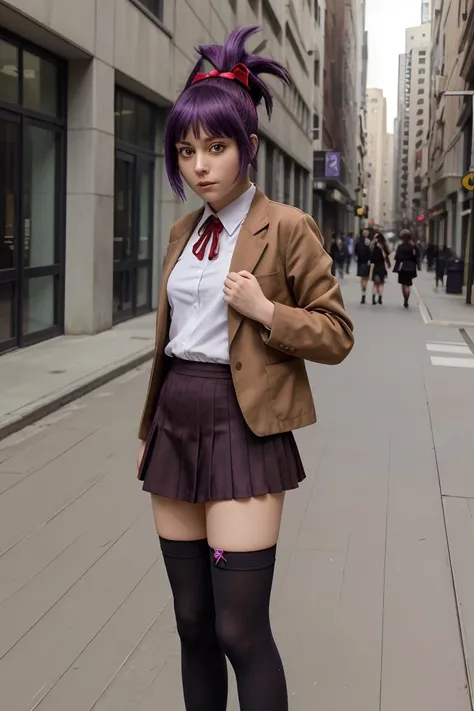 (masterpiece, best quality), 1girl,   <lora:blsenna-nvwls-v1:1> blSenna, purple hair , hair ribbon, blazer, pleated skirt, socks