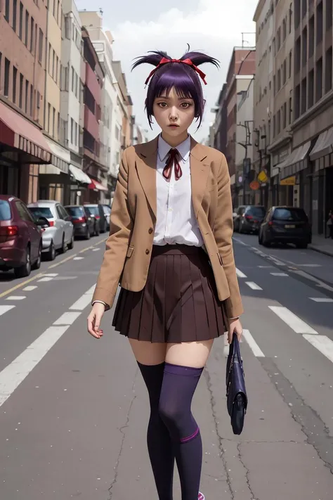 (masterpiece, best quality), 1girl, <lora:blsenna-nvwls-v1:1> blSenna, purple hair , hair ribbon, blazer, pleated skirt, socks