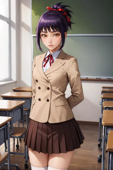 masterpiece, best quality, <lora:blsenna-nvwls-v1-000009:0.9> blsenna, purple hair, hair ribbon, blazer, pleated skirt, socks, classroom, cowboy shot, looking at viewer, worried