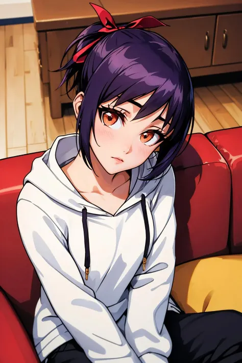 masterpiece, best quality, <lora:blsenna-nvwls-v1-000009:0.9> blsenna, purple hair, hair ribbon, white hoodie, black sweatpants, sitting, couch, from above, head tilt