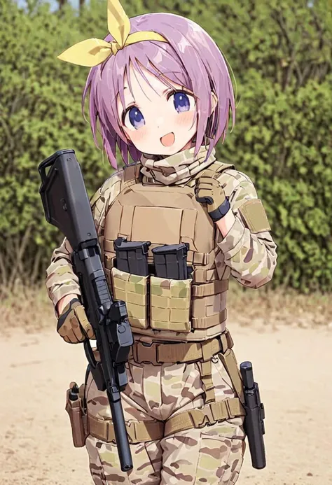 hiiragi tsukasa,1girl, solo, short hair, purple hair, open mouth, looking at viewer, smile, blue eyes, blush, purple eyes, hairband, :d, yellow hairband, glossy hair, adult, mature, tactical, plate carrier, P90 <lora:Luckystar A31 e1-000009:0.65>