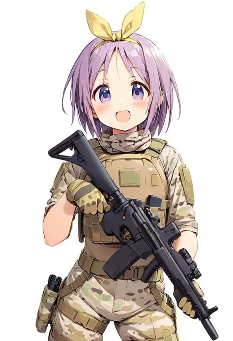 hiiragi tsukasa,1girl, solo, short hair, purple hair, open mouth, white background, looking at viewer, smile, blue eyes, blush, purple eyes, hairband, :d, yellow hairband, glossy hair, adult, mature, tactical, plate carrier, Heckler & Koch MP5 <lora:Luckystar A31 e1-000009:0.65>