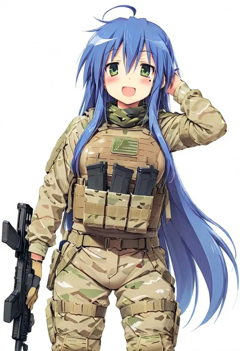 Izumi Konata,1girl, solo, long hair, blue hair, open mouth, white background, looking at viewer, medium breasts, smile, green eyes, blush, ahoge, mole under eye, glossy hair, adult, mature, tactical, plate carrier, holding assault rifle <lora:Luckystar A31 e1-000009:0.65>