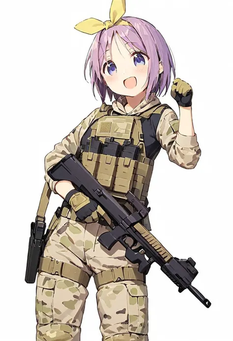 hiiragi tsukasa,1girl, solo, short hair, purple hair, white background, simple background, open mouth, looking at viewer, smile, blue eyes,  blush, purple eyes, hairband, :d, yellow hairband, tactical, P90 <lora:Luckystar A31 e1-000009:0.65>