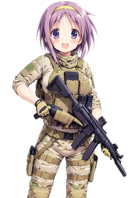 hiiragi tsukasa,1girl, solo, short hair, purple hair, open mouth, white background, looking at viewer, medium breasts, smile, blue eyes, blush, purple eyes, hairband, :d, yellow hairband, glossy hair, adult, mature, tactical, plate carrier, Heckler & Koch MP5 <lora:Luckystar A31 e1-000009:0.65>