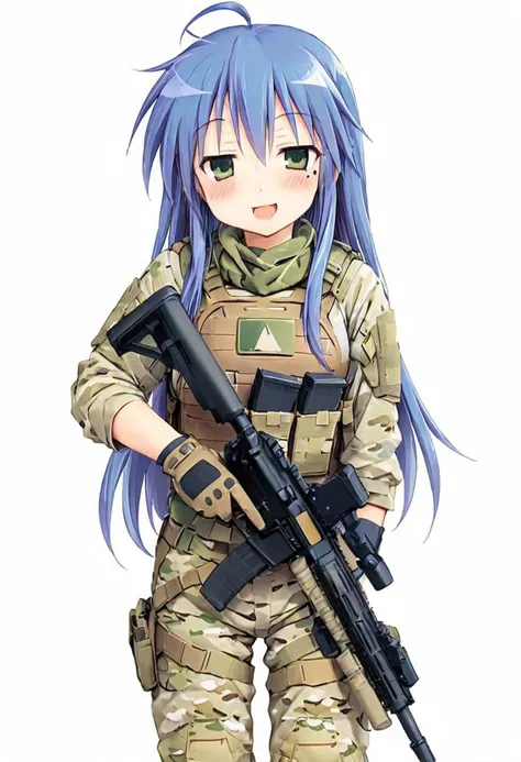 Izumi Konata,1girl, solo, long hair, blue hair, open mouth, white background, looking at viewer, medium breasts, smug smile, green eyes, blush, ahoge, mole under eye, glossy hair, adult, mature, tactical, plate carrier, holding assault rifle,  <lora:Luckystar A31 e1-000009:0.65>