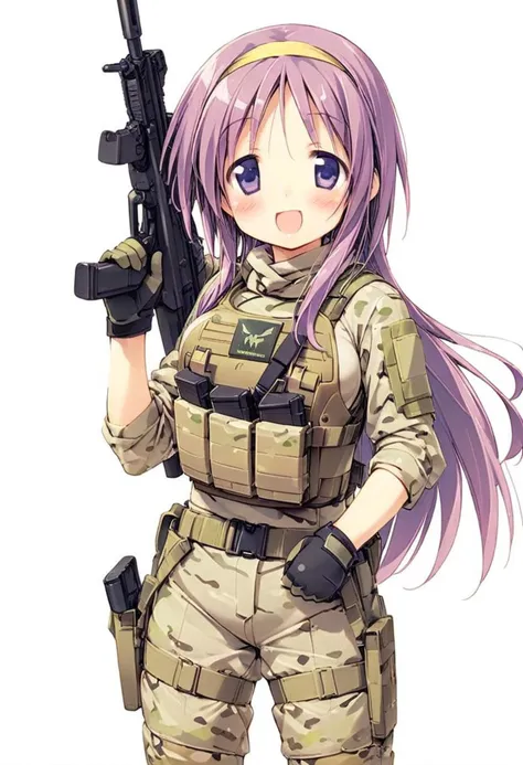 hiiragi tsukasa,1girl, solo, short hair, purple hair, open mouth, white background, looking at viewer, medium breasts, smile, blue eyes, blush, purple eyes, hairband, :d, yellow hairband, glossy hair, adult, mature, tactical, plate carrier, Heckler & Koch MP5 <lora:Luckystar A31 e1-000009:0.65>