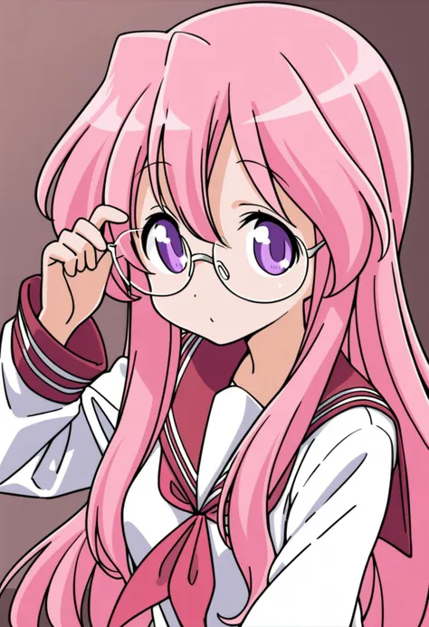 takara miyuki, 1girl, glasses, solo, pink hair, purple eyes, long hair, ryouou school uniform, adjusting eyewear, serafuku, school uniform,upper body, 
<lora:Luckystar A31 e1-000009:0.65>