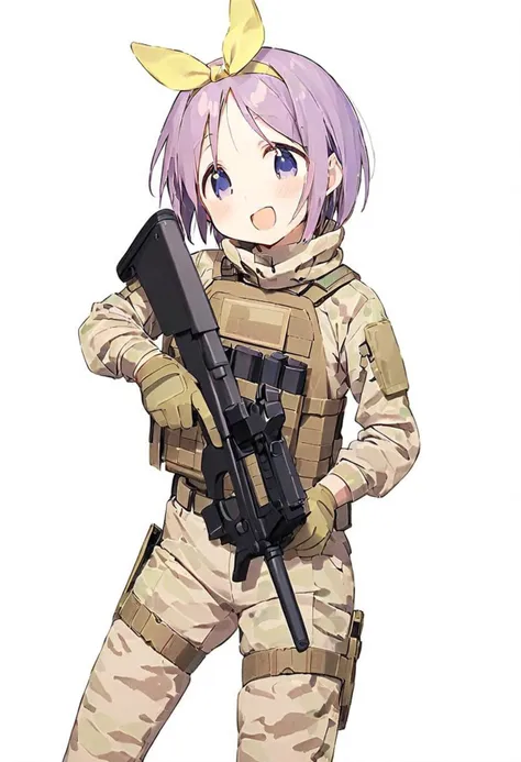 hiiragi tsukasa,1girl, solo, short hair, purple hair, white background, simple background, open mouth, looking at viewer, smile, blue eyes,  blush, purple eyes, hairband, :d, yellow hairband, tactical, P90 <lora:Luckystar A31 e1-000009:0.65>