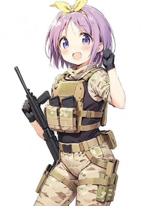 hiiragi tsukasa,1girl, solo, short hair, purple hair, open mouth, white background, looking at viewer, smile, blue eyes, blush, purple eyes, hairband, :d, yellow hairband, glossy hair, adult, mature, tactical, plate carrier, Heckler & Koch MP5 <lora:Luckystar A31 e1-000009:0.65>