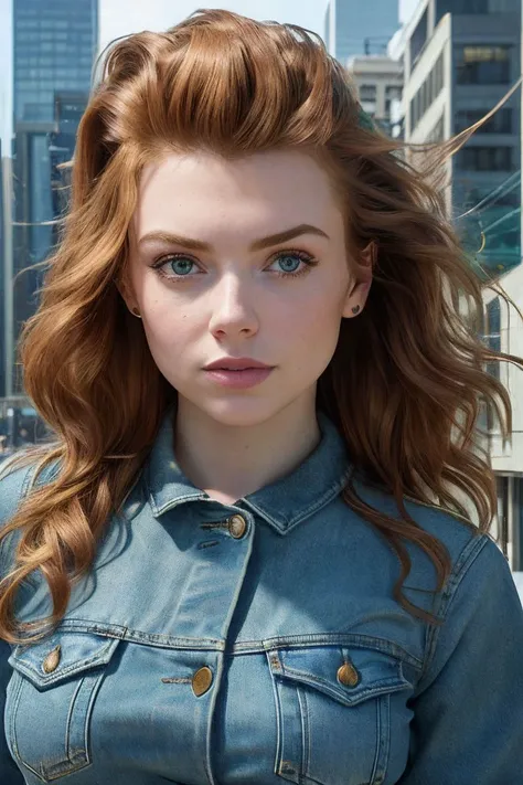 headshot of S186_BoBarah,a stunning woman,in a (city:1.1),wearing a ((green-denim:1.2) jacket:1.1),(cityscape),(8k, RAW photo, best quality, depth of field, ultra high res:1.2),(absurdres, intricate, photorealistic, masterpiece, ultra-detailed:1.3),