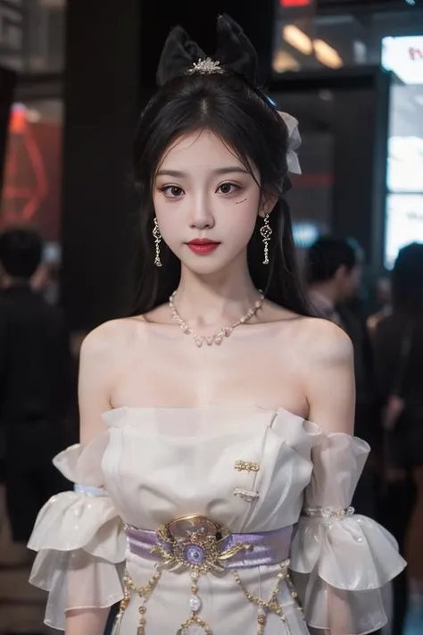 ltra-detailed,highly detailed,best quality,masterpiece,illustration,realistic,
guqinghan, jrys, 1girl, solo, collarbone, 
black hair, long hair, 
cleavage, tube dress, strapless dress,earrings, strapless, dress, jewelry, bare shoulders,off shoulder, see-through,bracelet, bow,
upper body, looking at viewer, sitting, 
photo background, night,indoors, east asian architecture, 
<lora:guqinghan jrys_v2_08:0.7>