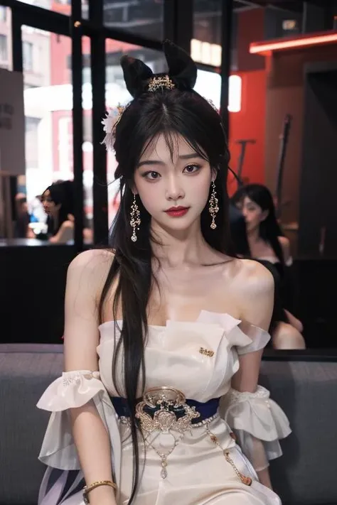 ltra-detailed,highly detailed,best quality,masterpiece,illustration,realistic,
guqinghan, jrys, 1girl, solo, collarbone,
black hair, long hair,
cleavage, tube dress, strapless dress,earrings, strapless, dress, jewelry, bare shoulders,off shoulder, see-through,bracelet, bow,
upper body, looking at viewer, sitting,
photo background, night,indoors, east asian architecture,
<lora:guqinghan jrys_v2_08:0.7>