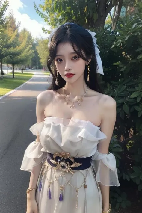 ltra-detailed,highly detailed,best quality,masterpiece,illustration,realistic,
guqinghan, jrys, 1girl, solo, collarbone, 
black hair, long hair, 
cleavage, tube dress, strapless dress,earrings, strapless, dress, jewelry, bare shoulders,off shoulder, see-through,bracelet, bow,
upper body, 
photo background, day,tree, outdoors, road,  grass,street, bush, path, nature, 
<lora:guqinghan jrys_v2_08:0.7>