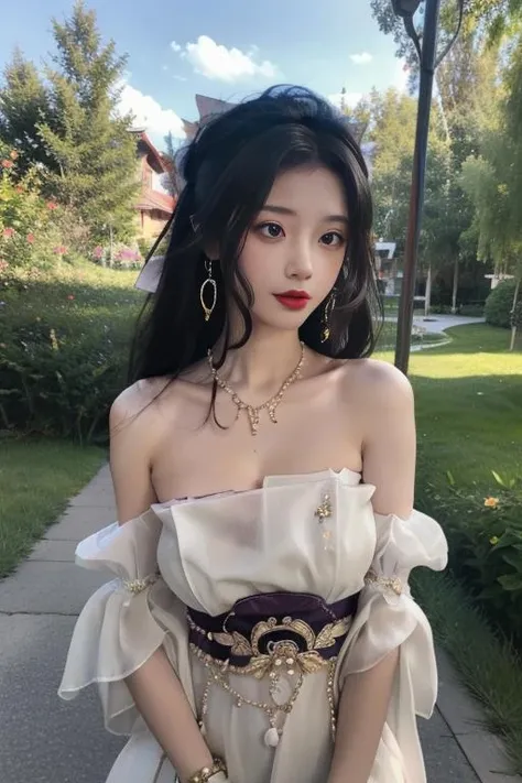 ltra-detailed,highly detailed,best quality,masterpiece,illustration,realistic,
guqinghan, jrys, 1girl, solo, collarbone,
black hair, long hair,
cleavage, tube dress, strapless dress,earrings, strapless, dress, jewelry, bare shoulders,off shoulder, see-through,bracelet, bow,
upper body,
photo background, day,tree, outdoors, road, grass,street, bush, path, nature,
<lora:guqinghan jrys_v2_08:0.7>