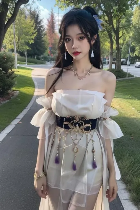 ltra-detailed,highly detailed,best quality,masterpiece,illustration,realistic,
guqinghan, jrys, 1girl, solo, collarbone,
black hair, long hair,
cleavage, tube dress, strapless dress,earrings, strapless, dress, jewelry, bare shoulders,off shoulder, see-through,bracelet, bow,
upper body,
photo background, day,tree, outdoors, road, grass,street, bush, path, nature,
<lora:guqinghan jrys_v2_08:0.7>