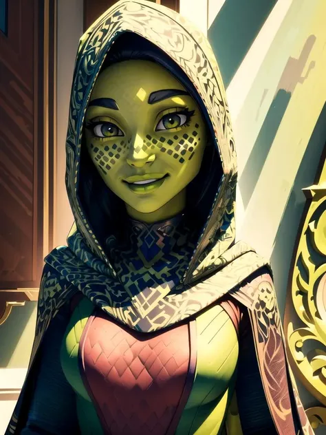 (best quality, masterpiece, beautiful and aesthetic:1.2, colorful, dynamic angle, highest detailed face)1girl,barissoffee, hood up, (green skin:1.4), facial tattoo,upper body portrait, looking at viewer, smiling<lora:barissoffee:0.8>(high contrast, official art, extreme detailed, highest detailed)