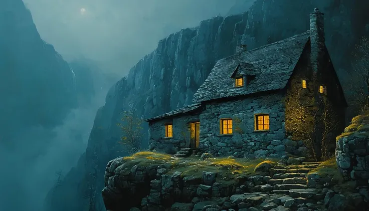 impactful paint of a  cottage over a rock   <lora:The_Dark_Side_of_the_Earth:1>,    highly detailed,   8k,   sharp,  professional, clear,   high contrast, high saturated, , vivid deep blacks, crystal clear