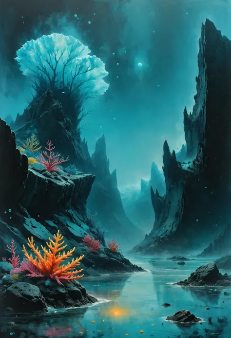 alien landscape, Bioluminescent reefs teeming with vibrant marine life, Glacial icebergs floating in turquoise Arctic waters , alien flora, ambient lighting, <lora:SDXLPaintSplash:0.7> colorsplash, <lora:add-detail-xl:0.4>,  <lora:The_Dark_Side_of_the_Earth:0.8>