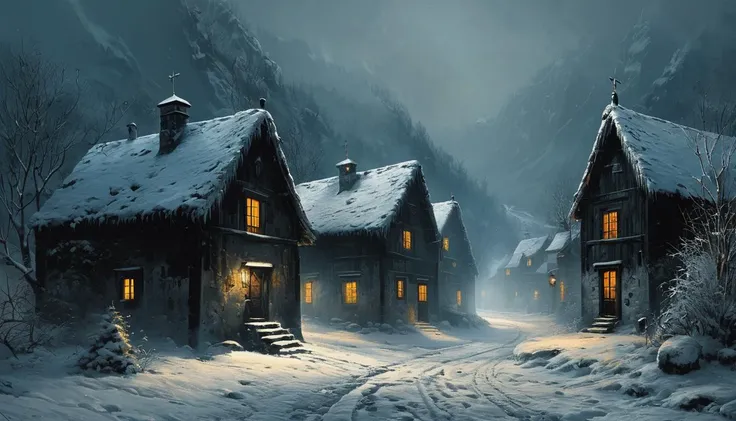 impactful paint of a snowy village <lora:The_Dark_Side_of_the_Earth:0.8>, highly detailed, 8k, sharp, professional, clear, high contrast, vivid deep blacks, crystal clear