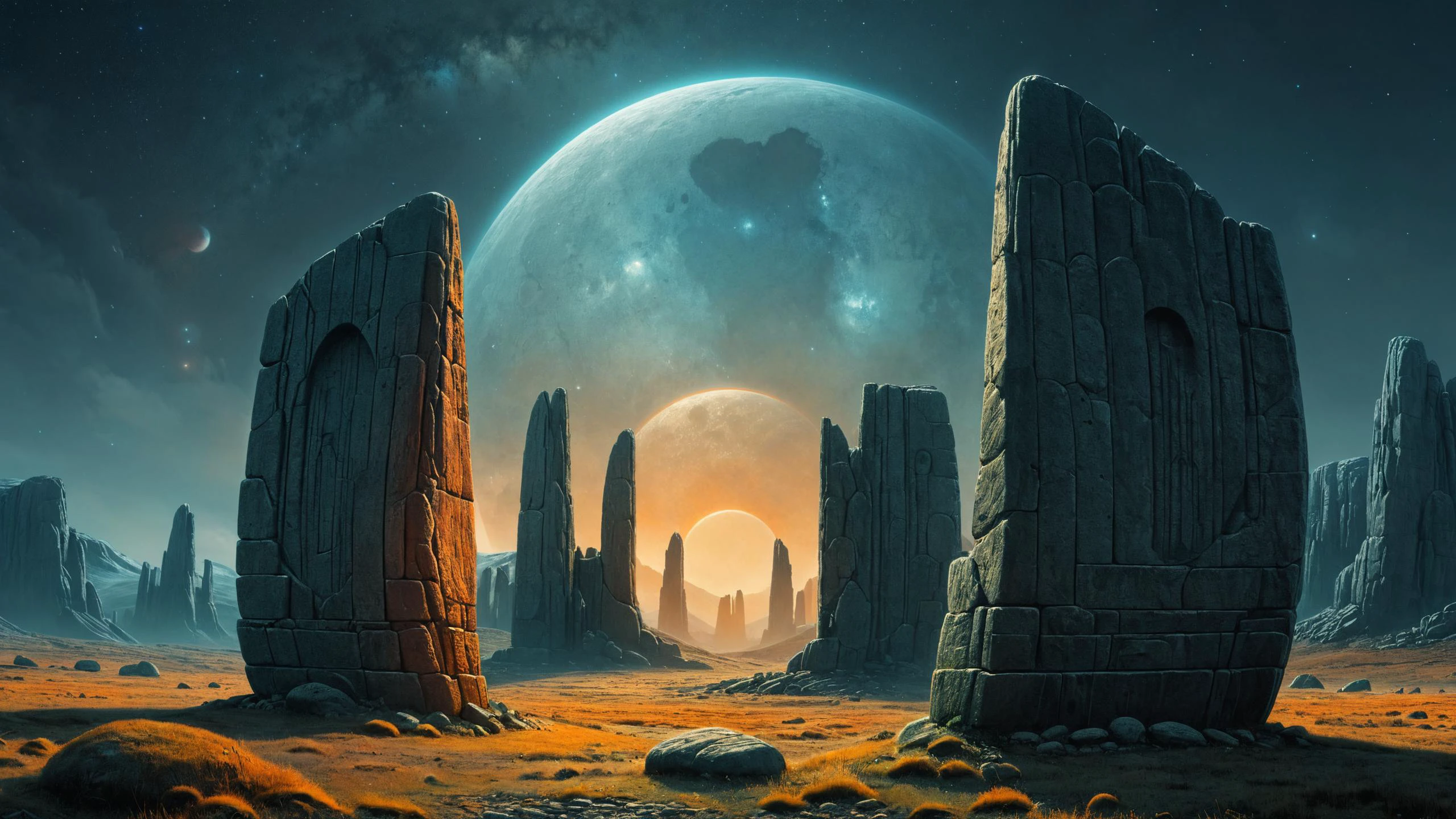 photorealistic detailed digital illustration of a circle of madhxg standing stones, Massive rock arches framing distant starfields in the background, great lighting, trending on Artstation, 8k resolution, matte painting, ray tracing, hyper detailed, unreal engine 5, cinematic, epic lighting, cryengine, octane render, cyberpunk, red and orange glow, vibrant <lora:Colorful_Hexadons_SDXL:1> <lora:great_lighting:0.8> <lora:The_Dark_Side_of_the_Earth:0.8>