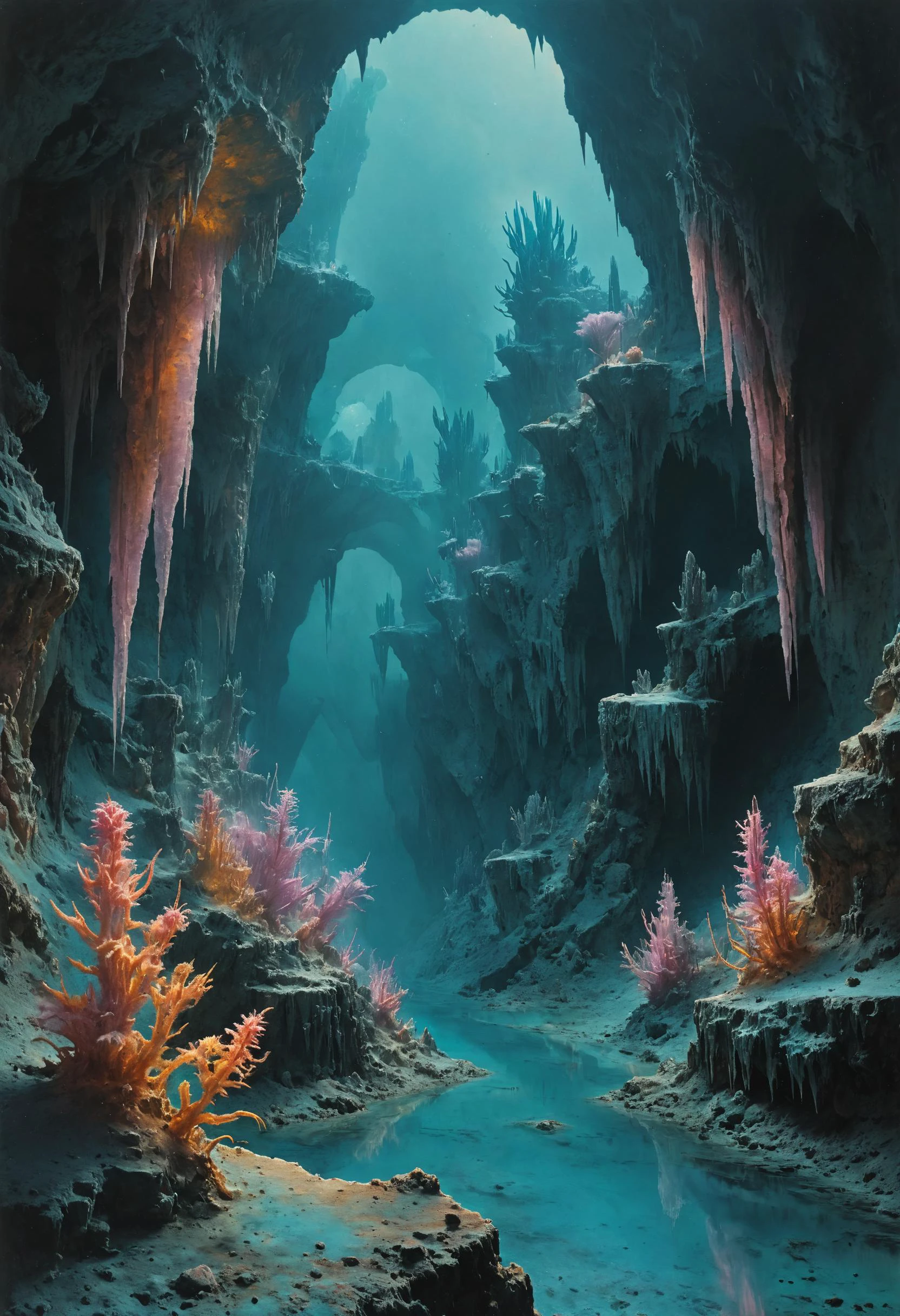 alien landscape, Hydrothermal vents teeming with exotic lifeforms, Hidden caves adorned with shimmering stalactites , alien flora, neon pastel, <lora:cine:0.7> cin3, <lora:MJ52:0.4>, <lora:The_Dark_Side_of_the_Earth:0.8>