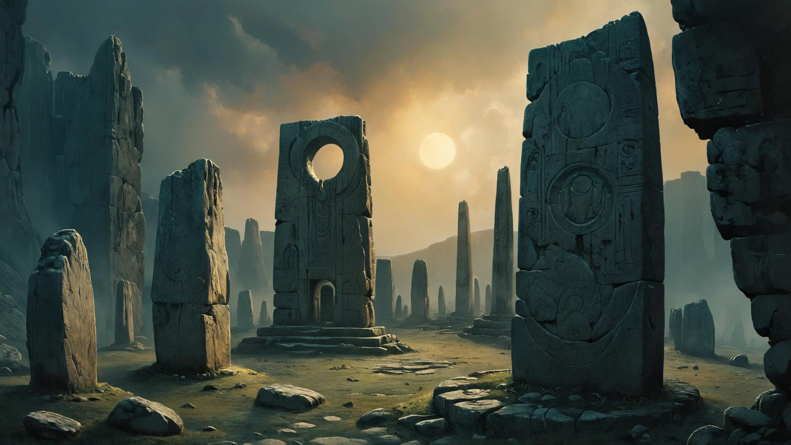 photorealistic detailed digital illustration of a circle of standing stones, 8k, Enigmatic ruins hinting at ancient civilizations in the background, great lighting,, ral-colorswirl in the background, trending on Artstation <lora:great_lighting:0.8> <lora:The_Dark_Side_of_the_Earth:0.8> <lora:ral-colorswirl:0.7>